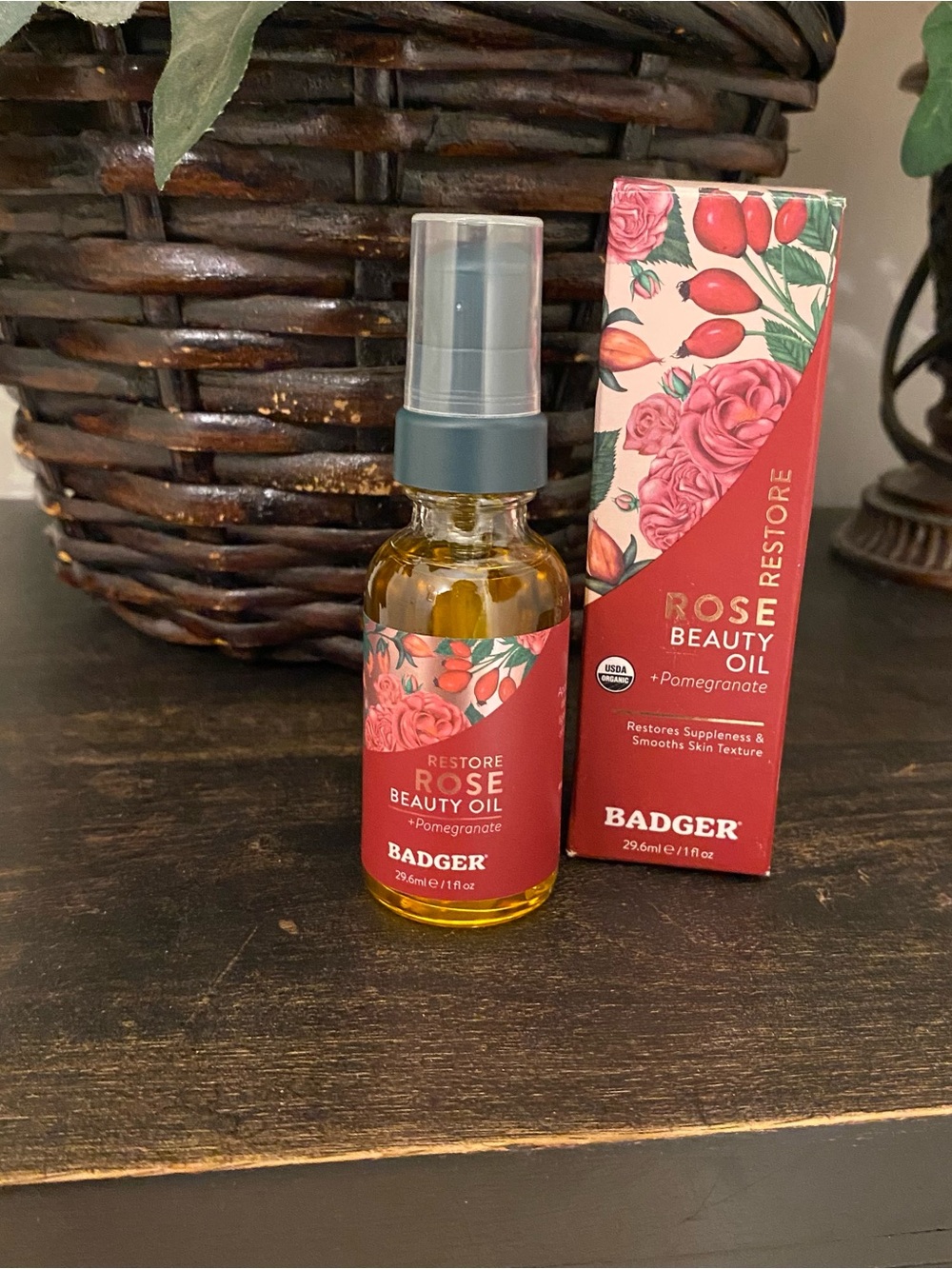 Badger Restore Rose Beauty Oil with Pomegranate 1 fl oz Antioxidant Superfood